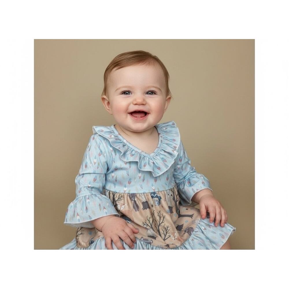 Pete + Lucy Baby Girl Dress 0–6 Months Boho Woodland Blue Brown NWT
